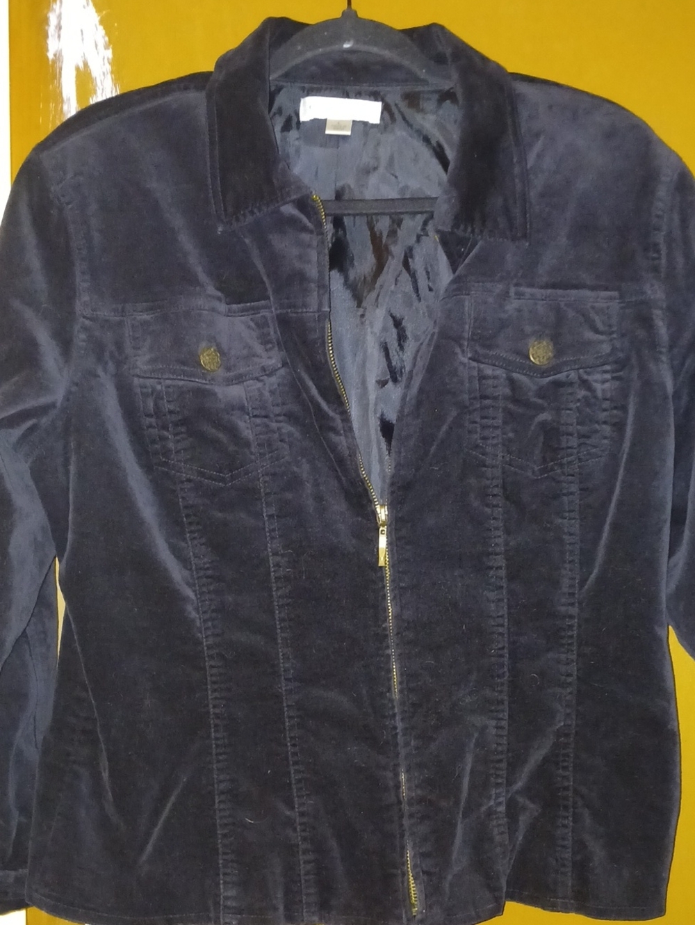 Coldwater Creek Navy Velvet Zip-Up Jacket with Button Chest Pockets